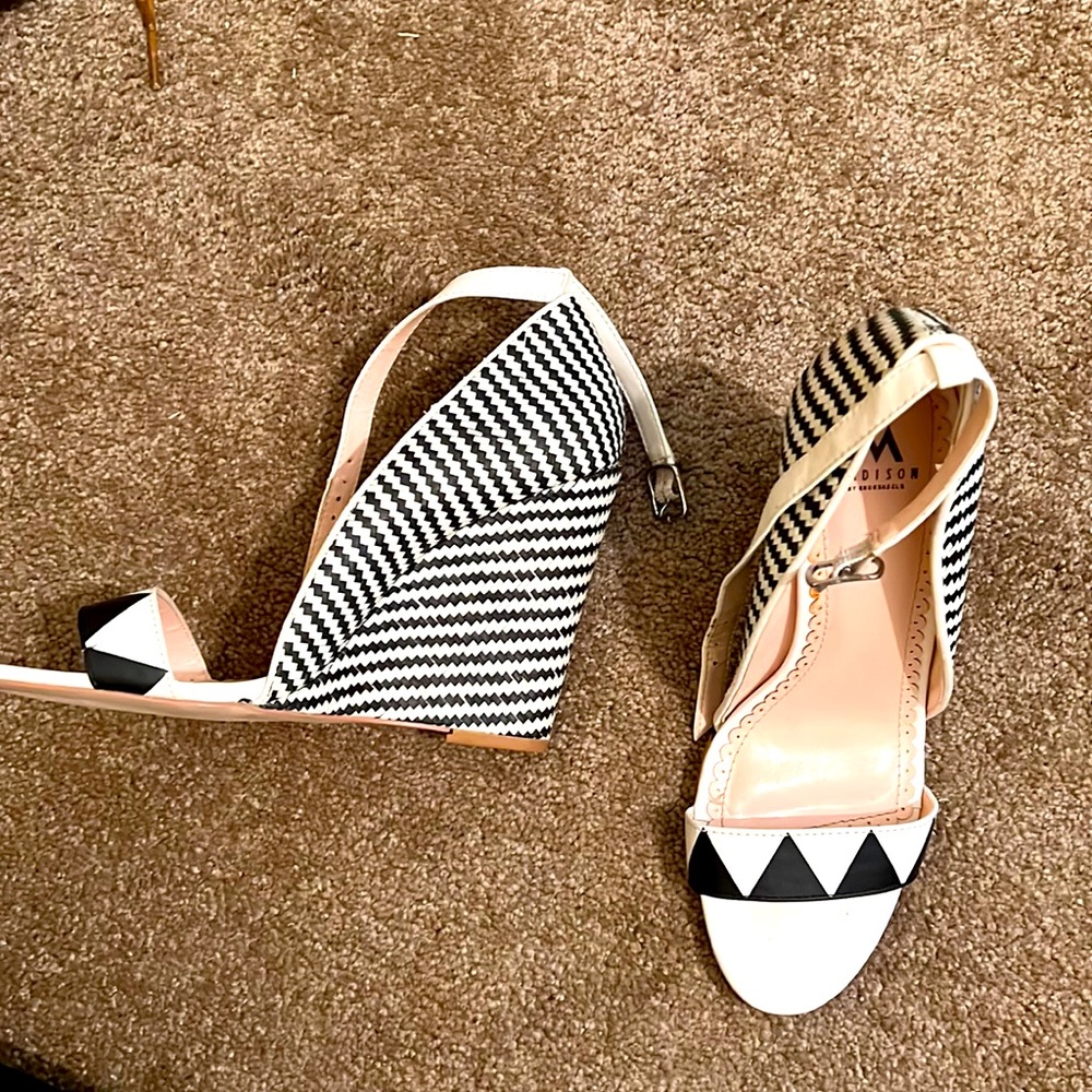 Black and white wedge ankle strap sandal